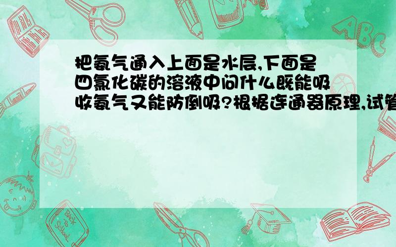 把氨气通入上面是水层,下面是四氯化碳的溶液中问什么既能吸收氨气又能防倒吸?根据连通器原理,试管内面也是上面水层,下面四氯化碳,先接触的是水,氨气大量溶于水,