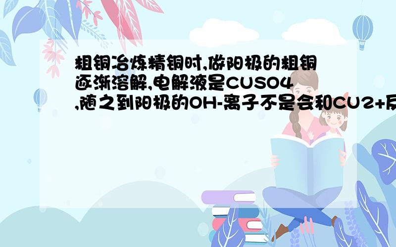 粗铜冶炼精铜时,做阳极的粗铜逐渐溶解,电解液是CUSO4,随之到阳极的OH-离子不是会和CU2+反应生成CU(OH)2那么这个不久没有意义了吗,还不如直接用惰性电极做阳极,CUSO4做电解液,不久好了吗?