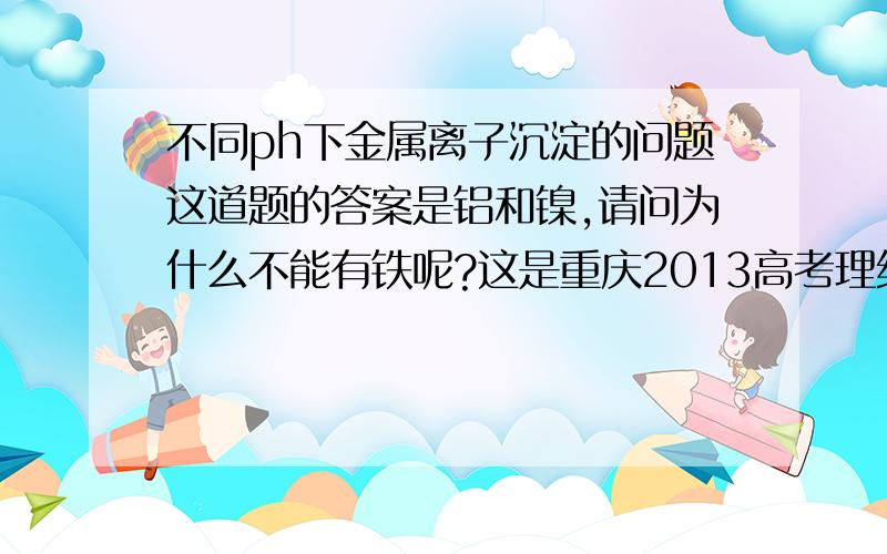 不同ph下金属离子沉淀的问题这道题的答案是铝和镍,请问为什么不能有铁呢?这是重庆2013高考理综化学的第八题,