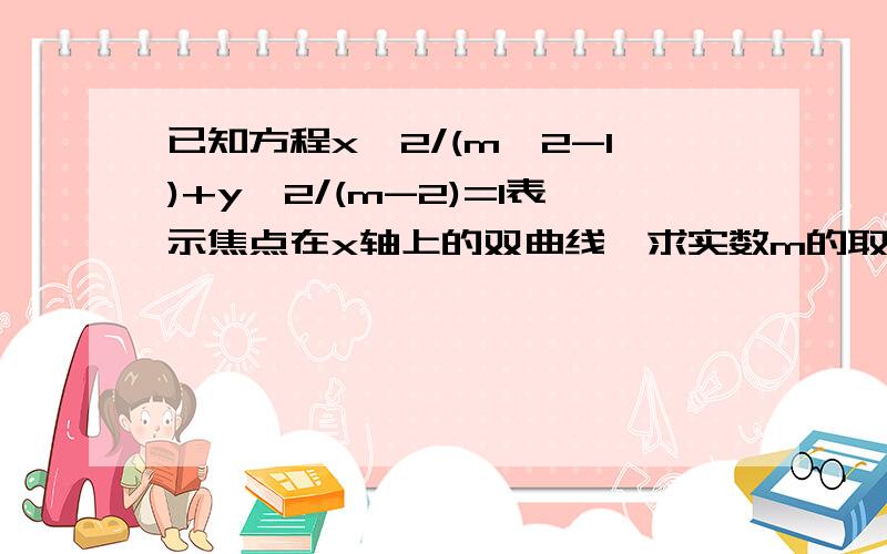 已知方程x^2/(m^2-1)+y^2/(m-2)=1表示焦点在x轴上的双曲线,求实数m的取值范围