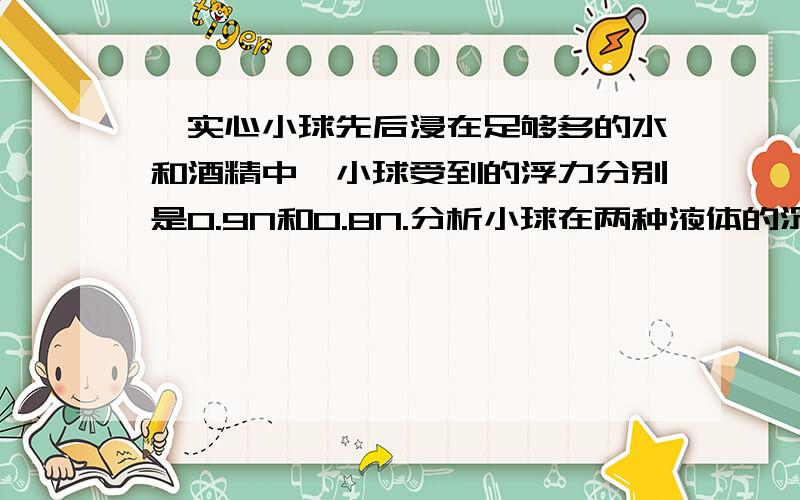 一实心小球先后浸在足够多的水和酒精中,小球受到的浮力分别是0.9N和0.8N.分析小球在两种液体的沉浮情况试求小球的密度.