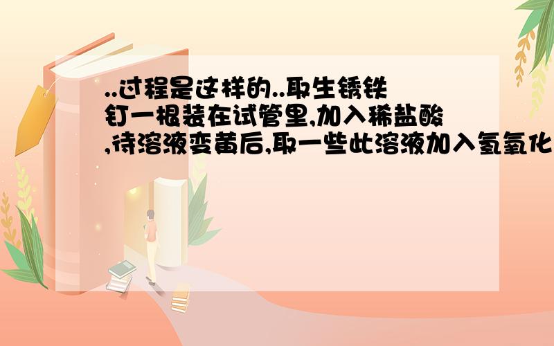 ..过程是这样的..取生锈铁钉一根装在试管里,加入稀盐酸,待溶液变黄后,取一些此溶液加入氢氧化钠固体,然后摇晃,会产生青黑色沉淀,老师说是氢氧化亚铁,很好奇~