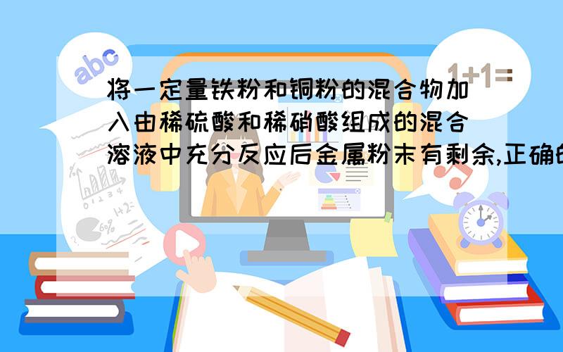 将一定量铁粉和铜粉的混合物加入由稀硫酸和稀硝酸组成的混合溶液中充分反应后金属粉末有剩余,正确的是BB 剩余的金属粉末一定有铜 只分析它就可以~