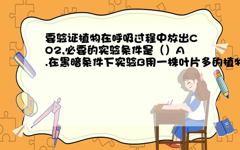 要验证植物在呼吸过程中放出CO2,必要的实验条件是（）A.在黑暗条件下实验B用一株叶片多的植物C把植物放在适宜的温度和阳光下D用一株幼小的植物