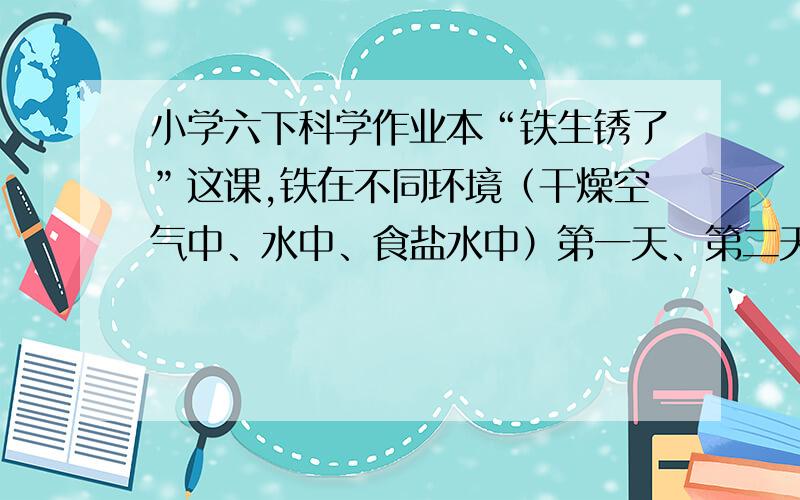 小学六下科学作业本“铁生锈了”这课,铁在不同环境（干燥空气中、水中、食盐水中）第一天、第二天、第三、第四天有什么变化，