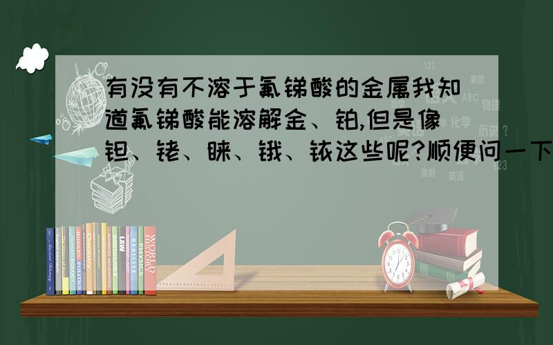 有没有不溶于氟锑酸的金属我知道氟锑酸能溶解金、铂,但是像钽、铑、钌、锇、铱这些呢?顺便问一下,氟锑酸与金、铂反应能出氢气吗?有方程式吗?