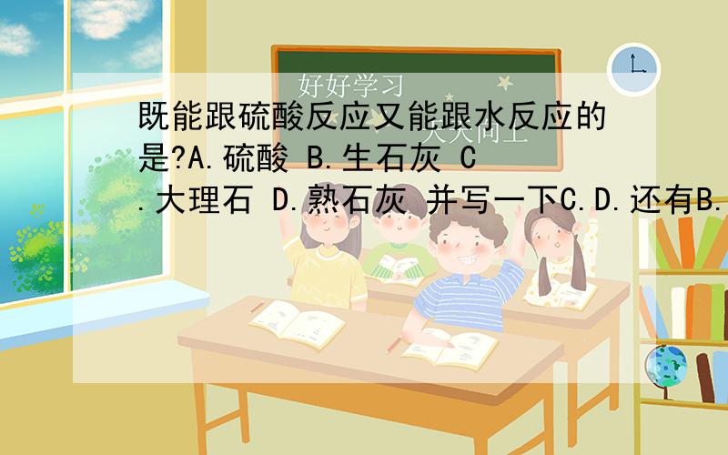 既能跟硫酸反应又能跟水反应的是?A.硫酸 B.生石灰 C.大理石 D.熟石灰 并写一下C.D.还有B.