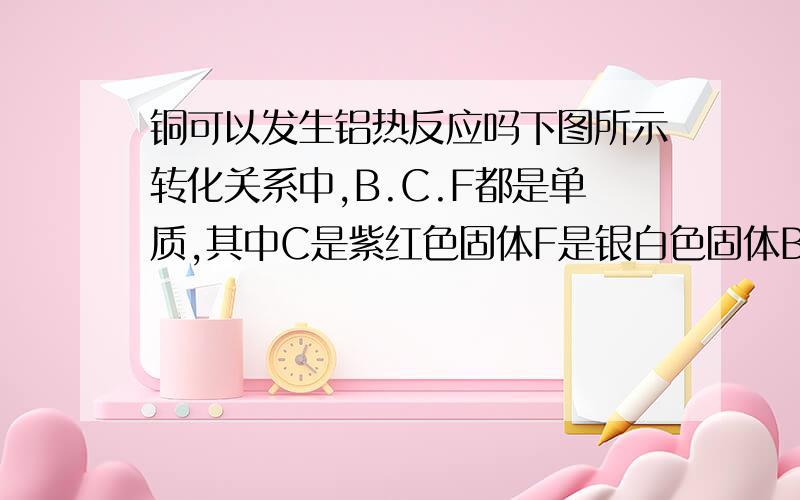 铜可以发生铝热反应吗下图所示转化关系中,B.C.F都是单质,其中C是紫红色固体F是银白色固体B是空气主要成分之一：化合物G是常用的耐火材料,D溶液中加入氯化钡,产生白色沉淀