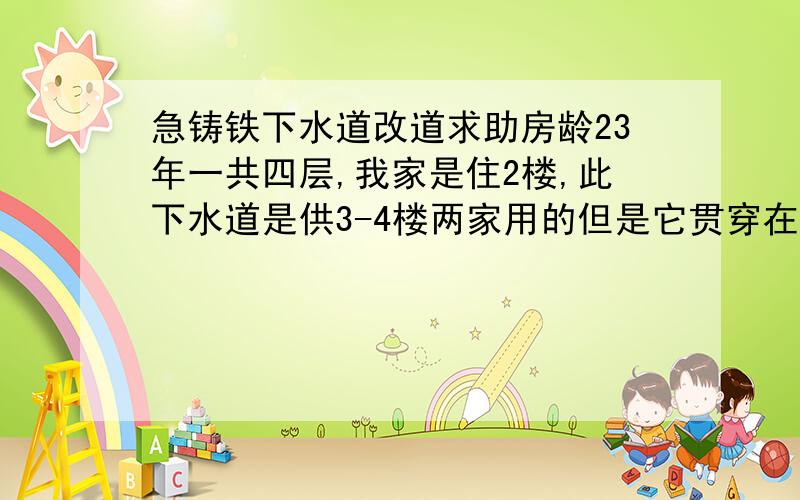 急铸铁下水道改道求助房龄23年一共四层,我家是住2楼,此下水道是供3-4楼两家用的但是它贯穿在我家客厅,材质是铸铁的,我想把它改道(我家不用这条管道)从我们家天花板做个弯管连接2.6米PP