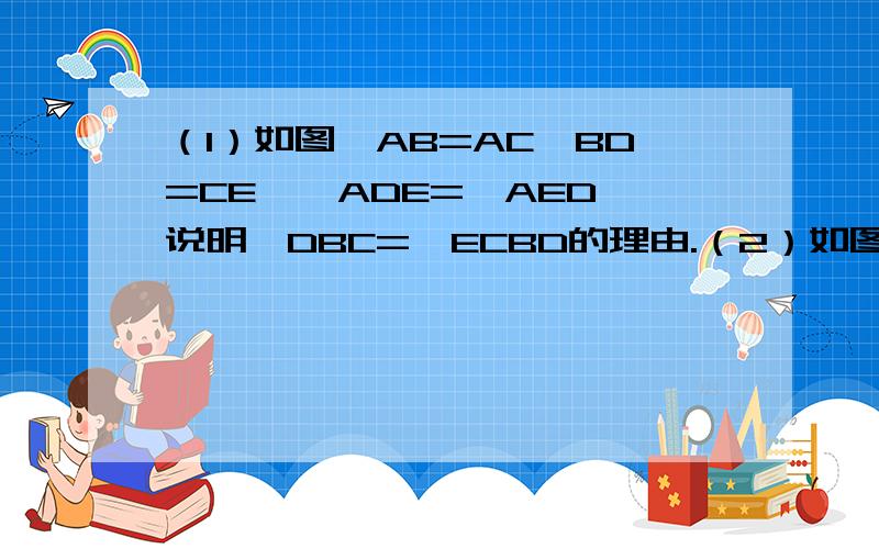 （1）如图,AB=AC,BD=CE,∠ADE=∠AED,说明∠DBC=∠ECBD的理由.（2）如图,已知在等边△ABC中,D是AC的中点,E点在BC的延长线上,且CE=CD,说明BD=ED的理由.（1）