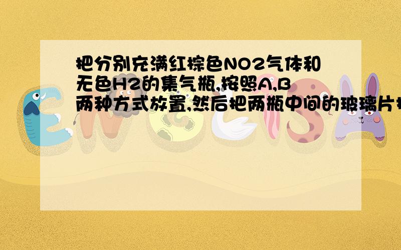 把分别充满红棕色NO2气体和无色H2的集气瓶,按照A,B两种方式放置,然后把两瓶中间的玻璃片抽走,使两瓶口密合在一起（不要震荡）,可观察到A中两瓶气体的颜色很快趋于一致（两气体不反应）