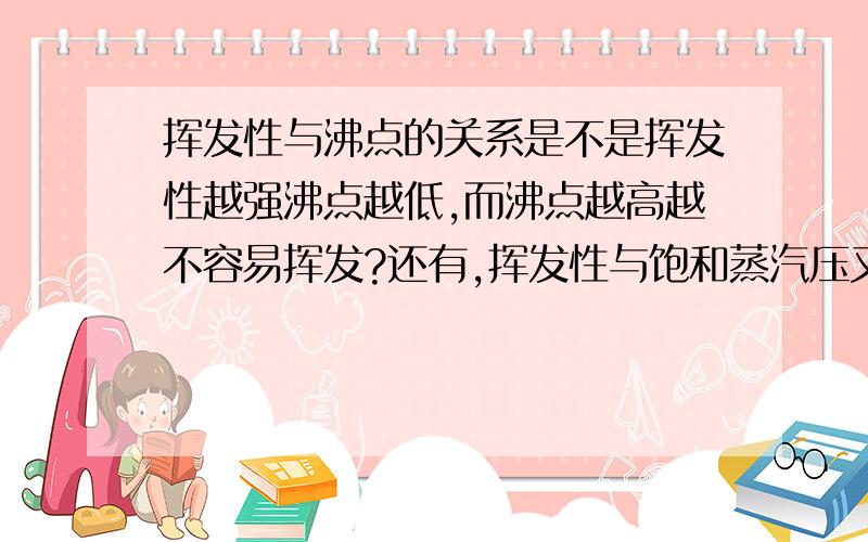 挥发性与沸点的关系是不是挥发性越强沸点越低,而沸点越高越不容易挥发?还有,挥发性与饱和蒸汽压又有什么关系?好像对于有些物质，挥发性和沸点没有必然关系，比如乙醇，乙酸～