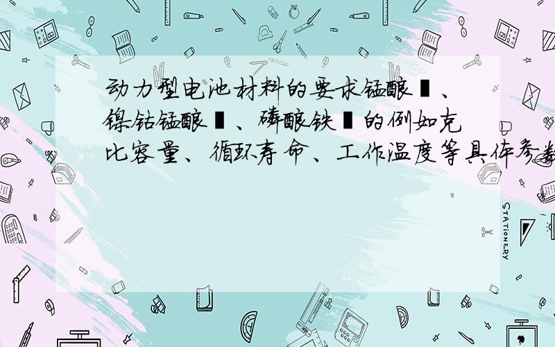 动力型电池材料的要求锰酸锂、镍钴锰酸锂、磷酸铁锂的例如克比容量、循环寿命、工作温度等具体参数