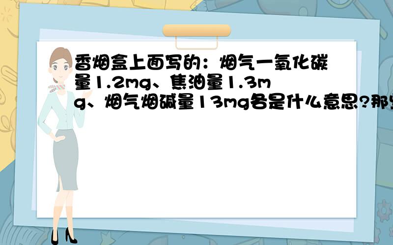 香烟盒上面写的：烟气一氧化碳量1.2mg、焦油量1.3mg、烟气烟碱量13mg各是什么意思?那些毫克含量高好还是底好?如何看烟盒识别真假?