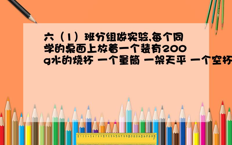 六（1）班分组做实验,每个同学的桌面上放着一个装有200g水的烧杯 一个量筒 一架天平 一个空杯子 和24g盐.老师要求同学们按照水和盐20:3的比例配制一杯盐水.如果你在做实验,你会怎么配制