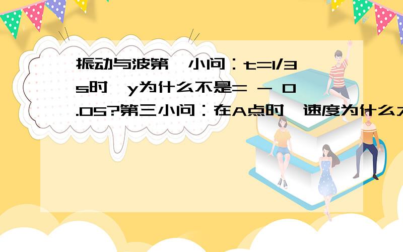 振动与波第一小问：t=1/3s时,y为什么不是= - 0.05?第三小问：在A点时,速度为什么大于0怎么判断速度大于.还是小于0