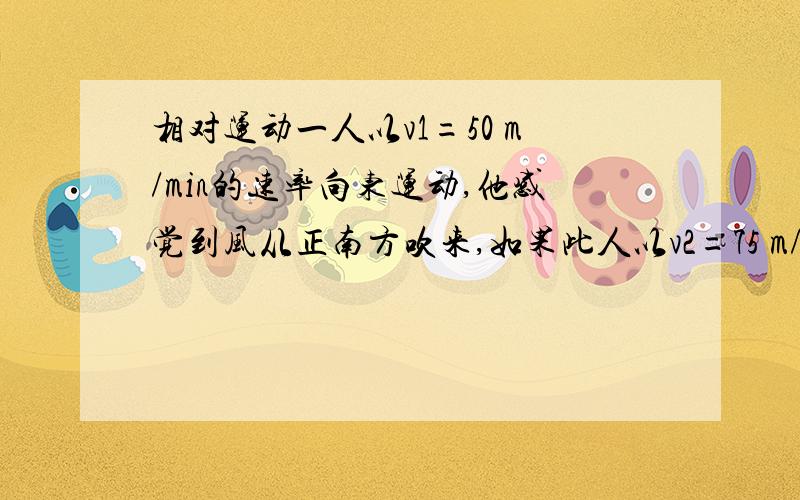 相对运动一人以v1=50 m/min的速率向东运动,他感觉到风从正南方吹来,如果此人以v2=75 m/min的速率向东运动,他感觉到风从正东南方吹来.求风速是多少?求具体过程,