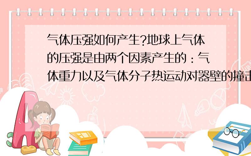 气体压强如何产生?地球上气体的压强是由两个因素产生的：气体重力以及气体分子热运动对器壁的撞击.对少量气体（容器内的封闭气体）而言,重力可以忽略,所以认为其压强主要是由分子热