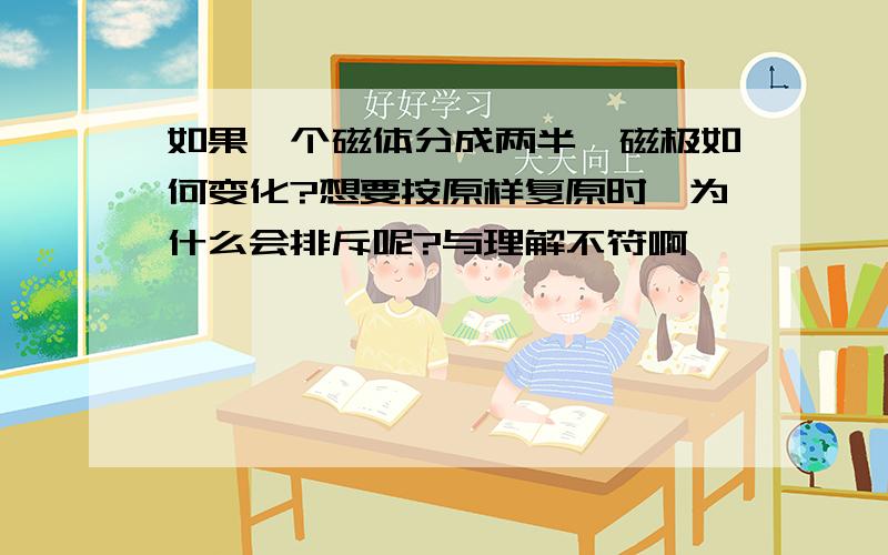 如果一个磁体分成两半,磁极如何变化?想要按原样复原时,为什么会排斥呢?与理解不符啊