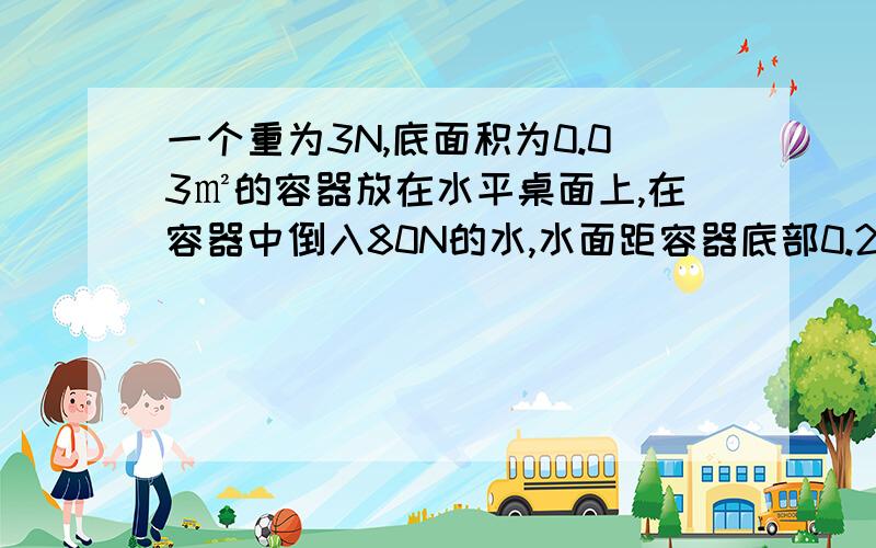 一个重为3N,底面积为0.03㎡的容器放在水平桌面上,在容器中倒入80N的水,水面距容器底部0.2m,求：（1）容器底受到水的压强（2）容器对桌面的压力（g=10N/kg）