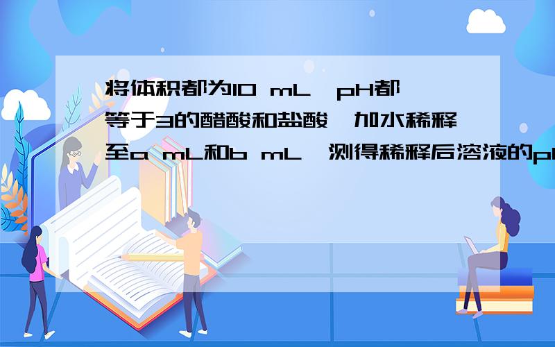 将体积都为10 mL、pH都等于3的醋酸和盐酸,加水稀释至a mL和b mL,测得稀释后溶液的pH均为5.则稀释后溶液的体积A.a=b=100 mL B.a=b=1000 mL C.ab