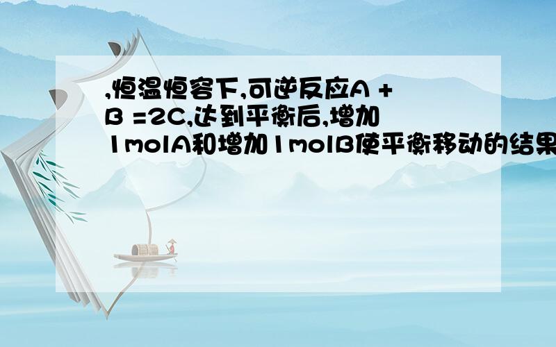 ,恒温恒容下,可逆反应A +B =2C,达到平衡后,增加1molA和增加1molB使平衡移动的结果是否相同,为什么?