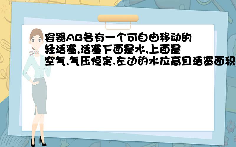 容器AB各有一个可自由移动的轻活塞,活塞下面是水,上面是空气,气压恒定.左边的水位高且活塞面积大,右边的水位低且活塞面积小.AB的底部由带有阀门的管道相连,装置绝热.打开阀门,使左边的