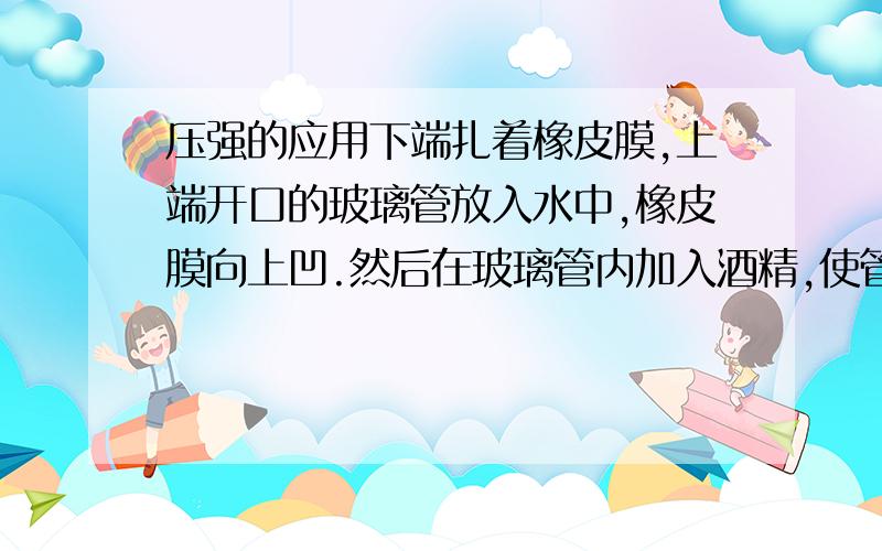 压强的应用下端扎着橡皮膜,上端开口的玻璃管放入水中,橡皮膜向上凹.然后在玻璃管内加入酒精,使管内外液面相平,这时橡皮膜（ ）A.上凹 B.下凸 C.恢复成平的 D.都有可能