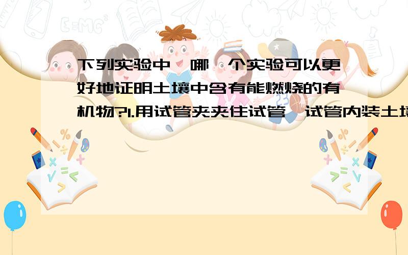 下列实验中,哪一个实验可以更好地证明土壤中含有能燃烧的有机物?1.用试管夹夹住试管,试管内装土壤,在酒精灯上烧.2.在石棉网放土壤,架起来下面用酒精灯烧.1为什么不可以?