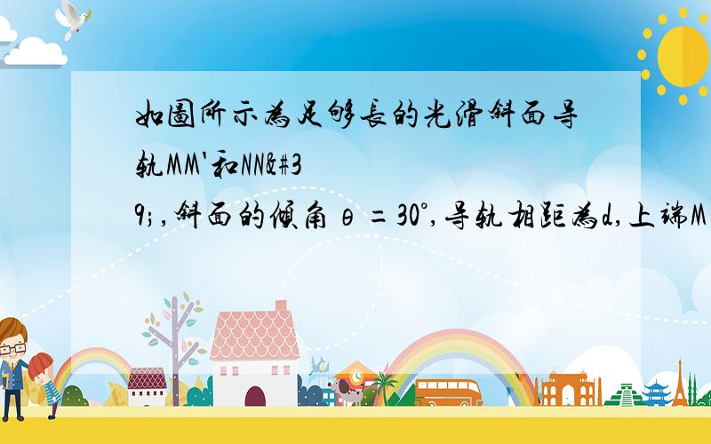 如图所示为足够长的光滑斜面导轨MM'和NN',斜面的倾角θ=30°,导轨相距为d,上端M和N用导线相连,并处于垂直斜面向上的均匀磁场中,磁场的磁感强度的大小随时间t的变化规律为B=kt,其中k为