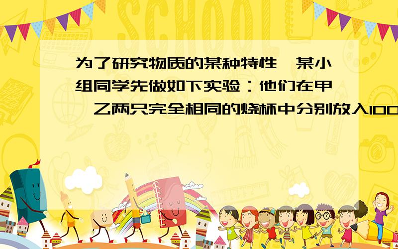 为了研究物质的某种特性,某小组同学先做如下实验：他们在甲、乙两只完全相同的烧杯中分别放入100g和200g的温水,实验时让它们自然冷却,并利用温度计和计时器测量水温随时间变化的情况