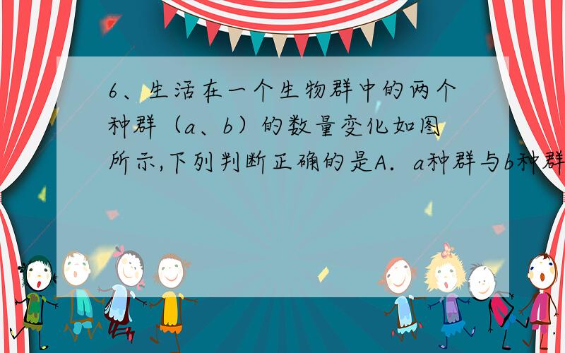 6、生活在一个生物群中的两个种群（a、b）的数量变化如图所示,下列判断正确的是A．a种群与b种群为捕食关系,a种群依赖于b种群B．a种群与b种群为竞争关系,竞争强度由强到弱C．a种群为S型