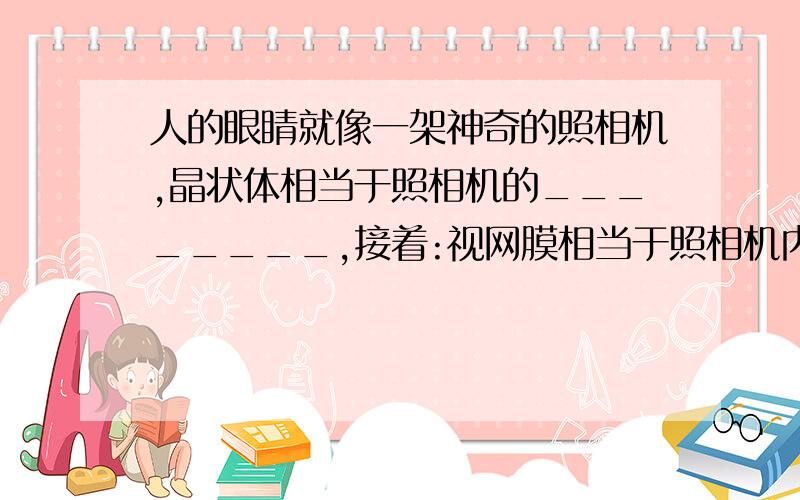 人的眼睛就像一架神奇的照相机,晶状体相当于照相机的________,接着:视网膜相当于照相机内的________,来自物体的光经晶状体成像于______,再通过视觉神经把信息传送到大脑,产生视觉.