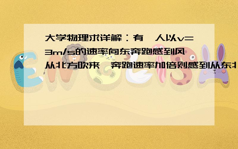 大学物理求详解：有一人以v=3m/s的速率向东奔跑感到风从北方吹来,奔跑速率加倍则感到从东北吹来,求风速详解,多谢了!