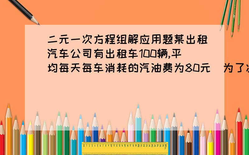 二元一次方程组解应用题某出租汽车公司有出租车100辆,平均每天每车消耗的汽油费为80元．为了减少环境污染,市场推出一种叫“CNG” 改烧汽油为天然气的装置,每辆车改装价格为4000元．公司