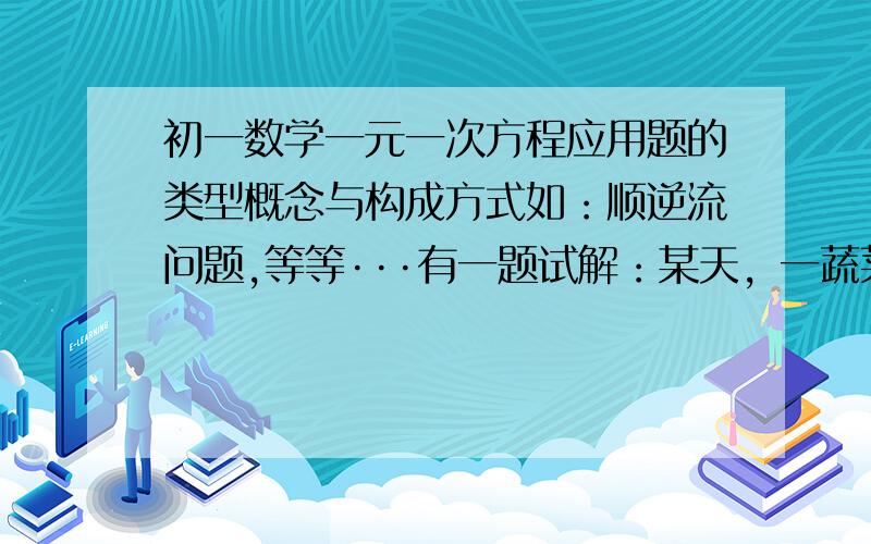 初一数学一元一次方程应用题的类型概念与构成方式如：顺逆流问题,等等···有一题试解：某天，一蔬菜经营户用60元钱从批发市场批发了西红柿和豆角共40千克到菜市场去卖，西红柿和豆