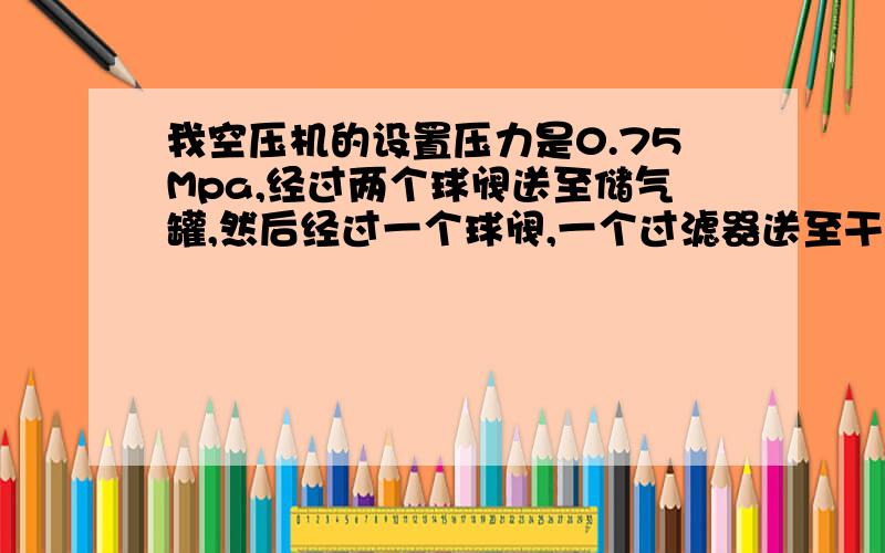 我空压机的设置压力是0.75Mpa,经过两个球阀送至储气罐,然后经过一个球阀,一个过滤器送至干燥机干燥.从干燥机出来的气体经过两个球阀和两个过滤器再送至末端设备,但是设备上的压力表显