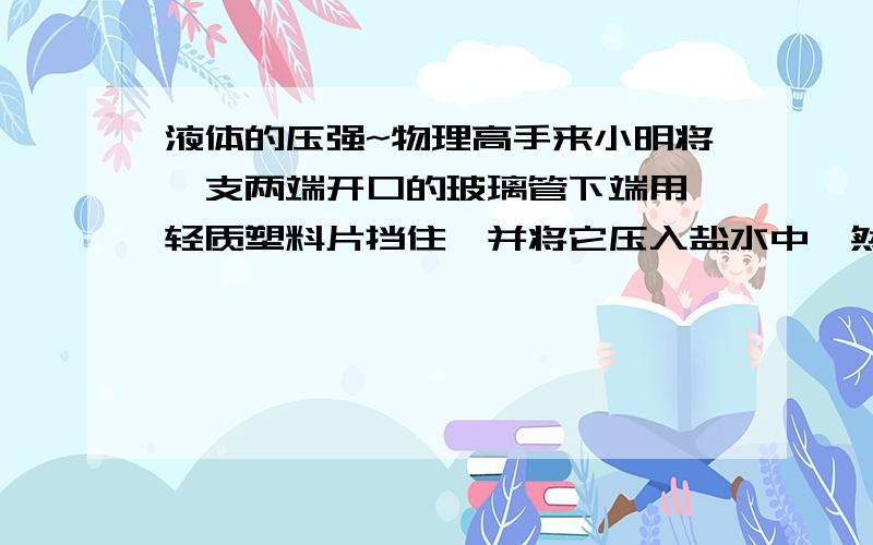 液体的压强~物理高手来小明将一支两端开口的玻璃管下端用一轻质塑料片挡住,并将它压入盐水中,然后在管内缓慢地倒水,当管内、外液面相平时,则塑料片（ ） 1.不会落下 2.会落下 3.管内、