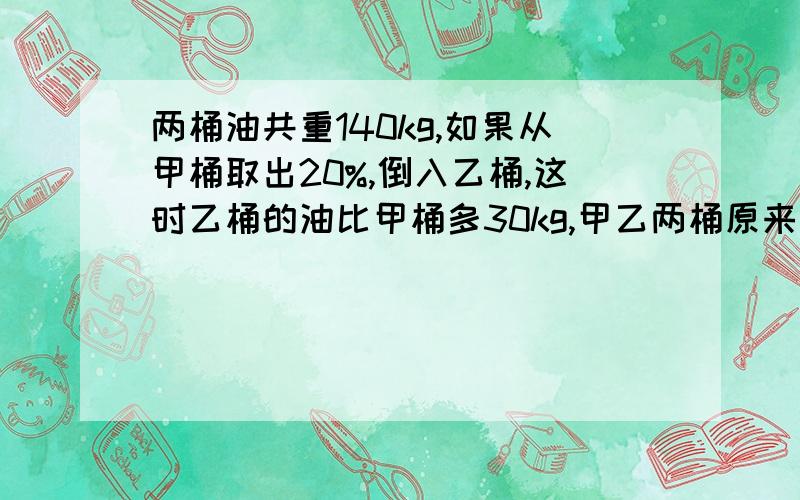 两桶油共重140kg,如果从甲桶取出20%,倒入乙桶,这时乙桶的油比甲桶多30kg,甲乙两桶原来各有油多少kg