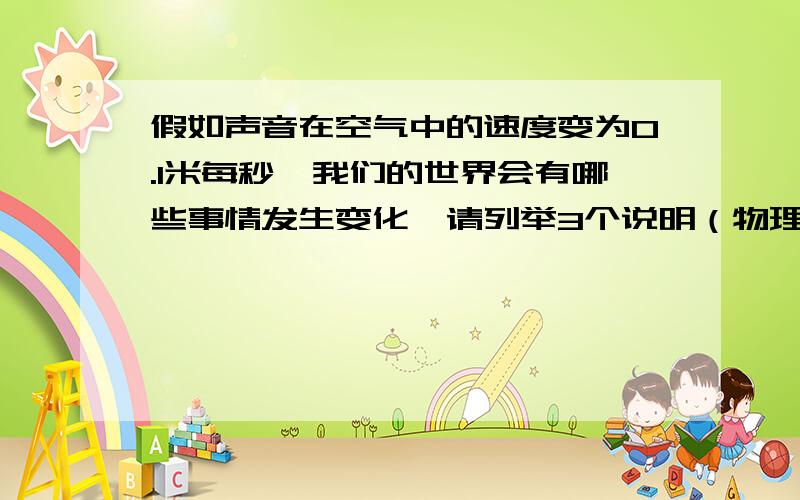 假如声音在空气中的速度变为0.1米每秒,我们的世界会有哪些事情发生变化,请列举3个说明（物理问题）