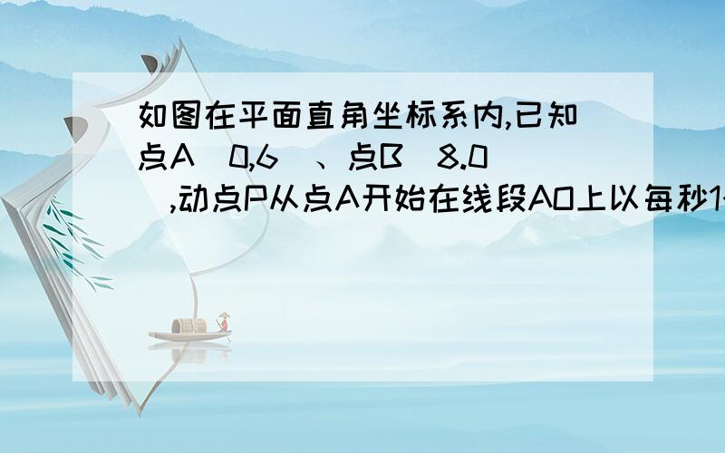 如图在平面直角坐标系内,已知点A(0,6)、点B(8.0),动点P从点A开始在线段AO上以每秒1个单位长度的速度向点O移动,同时动点Q从点B开始在线段BA上以每秒2个单位长度的速度向点A移动,设点P、Q移动