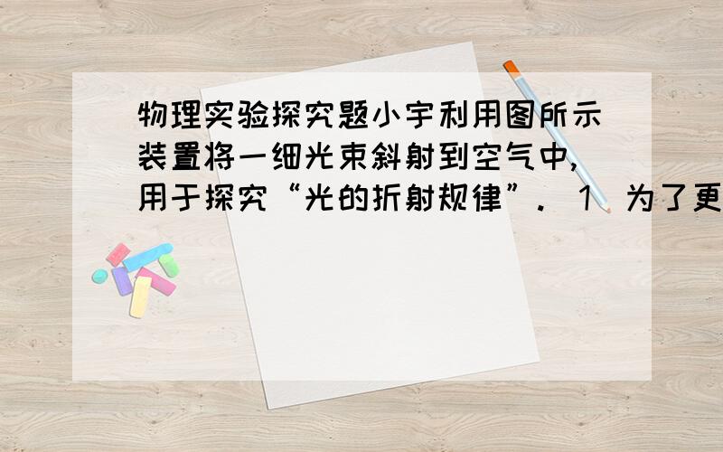 物理实验探究题小宇利用图所示装置将一细光束斜射到空气中,用于探究“光的折射规律”.（1）为了更清晰的进行观察,实验应在__环境中进行（填“较明亮”或“较黑暗”）,为了更清晰地观