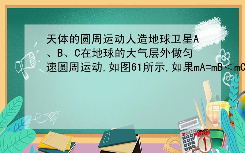 天体的圆周运动人造地球卫星A、B、C在地球的大气层外做匀速圆周运动,如图61所示,如果mA=mB＜mC,那么这三颗卫星( AB ) A.线速度大小的关系:vA＞vB=vCB.周期的关系:TA＜TB=TC为什么AB正确?这