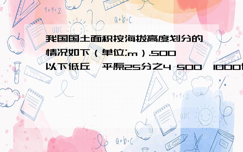 我国国土面积按海拔高度划分的情况如下（单位;m）.500以下低丘,平原25分之4 500—1000低山,丘陵100分之19 1000以上—2000中高山区25分之7 2000以上—5000高山高平原50分之9 5000以上更高山区100分之19