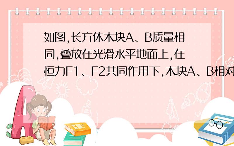 如图,长方体木块A、B质量相同,叠放在光滑水平地面上,在恒力F1、F2共同作用下,木块A、B相对静止并一起向右加速运动,已知F1>F2,关于B受到的摩擦力F,求B受到的摩擦力F的大小和方向.