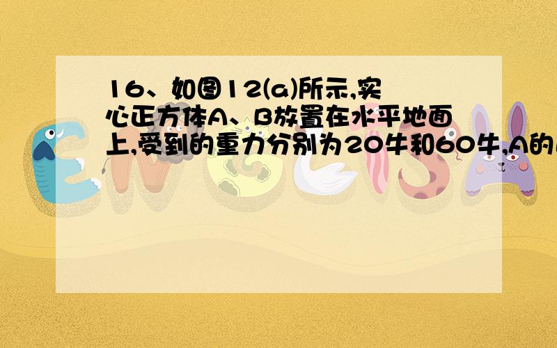 16、如图12(a)所示,实心正方体A、B放置在水平地面上,受到的重力分别为20牛和60牛,A的边长为0.2米,B的边长为0.3米.\x0b① 求正方体A对水平地面的压力FA.\x0b② 求正方体B对水平地面的压强pB.\x0b③