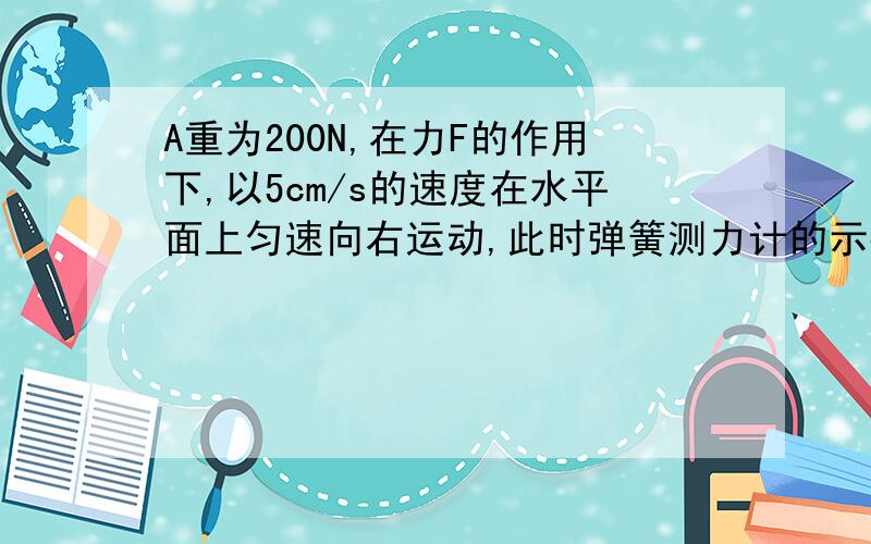 A重为200N,在力F的作用下,以5cm/s的速度在水平面上匀速向右运动,此时弹簧测力计的示数为10N,则物体A受到的摩擦力为                                N,拉力F为                                     N,拉力在10s内