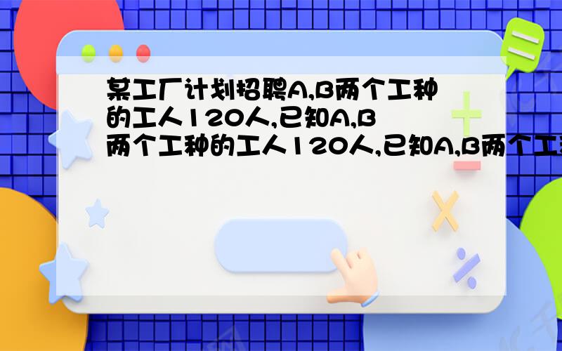 某工厂计划招聘A,B两个工种的工人120人,已知A,B 两个工种的工人120人,已知A,B两个工种的工人的 月工资分别某工厂计划招聘A,B两个工种的工人120人,已知A,B两个工种的工人120人,已知A,B两个工种