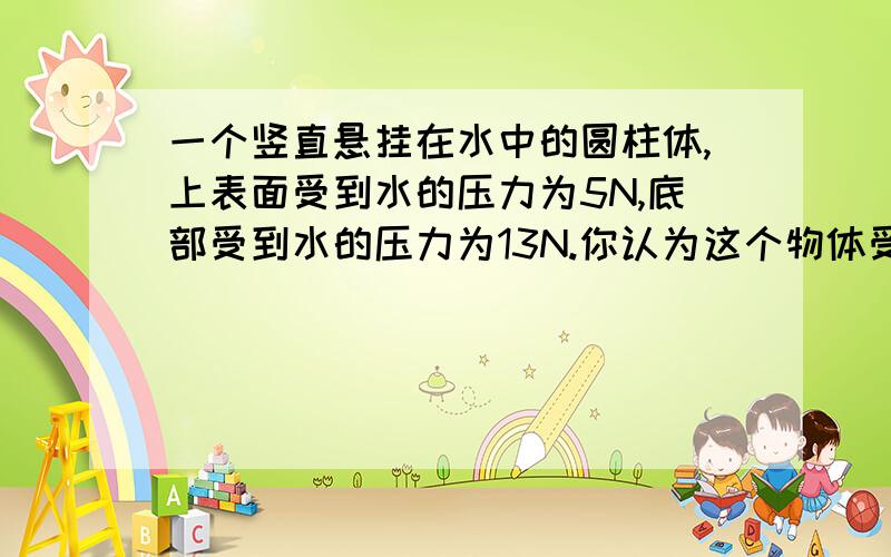 一个竖直悬挂在水中的圆柱体,上表面受到水的压力为5N,底部受到水的压力为13N.你认为这个物体受到水的浮力为多大?