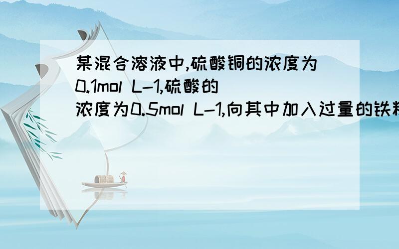 某混合溶液中,硫酸铜的浓度为0.1mol L-1,硫酸的浓度为0.5mol L-1,向其中加入过量的铁粉,充分反应后铁离子的浓度为